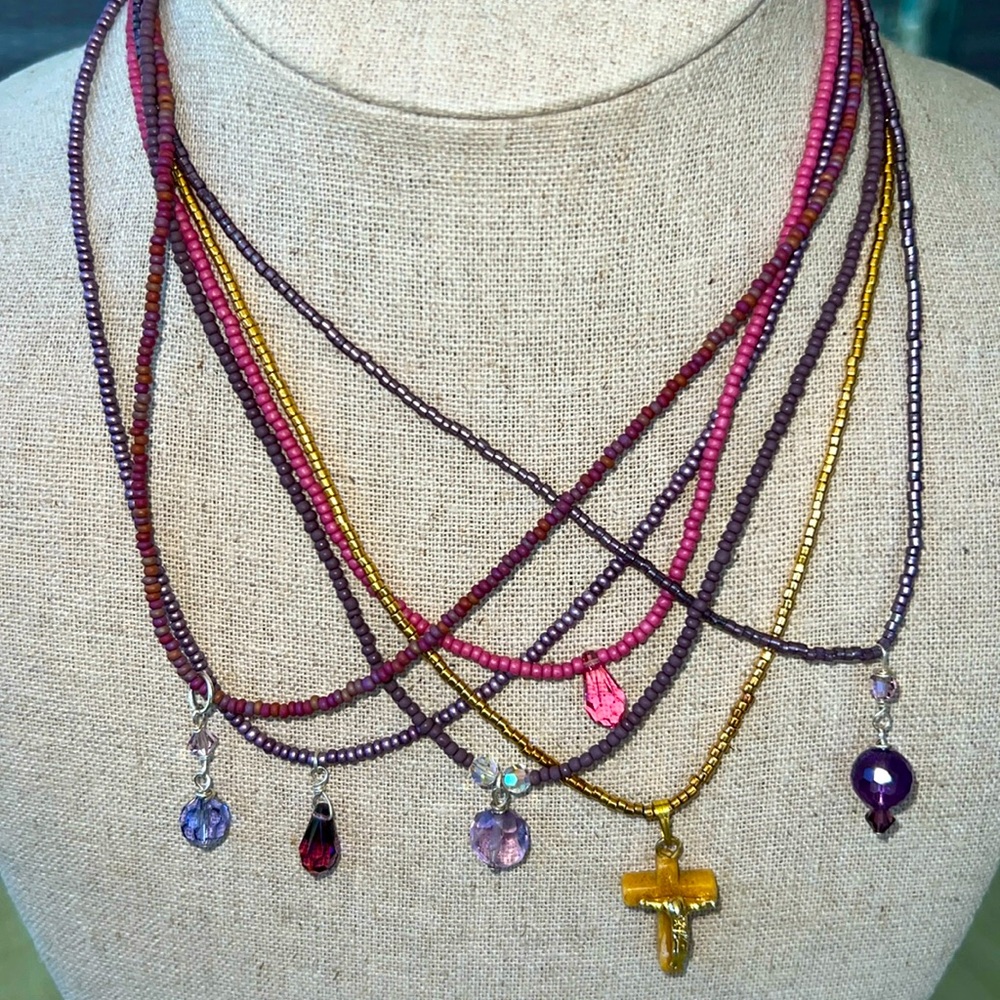 Lot of Six Seed Bead Handmade Necklaces with Small Dangles